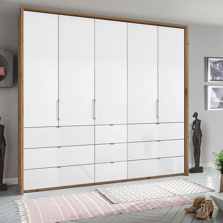 Erimo Wardrobe - 254cm - 5 Door - 9 Drawer - Artisan Oak & Crystal White Glass