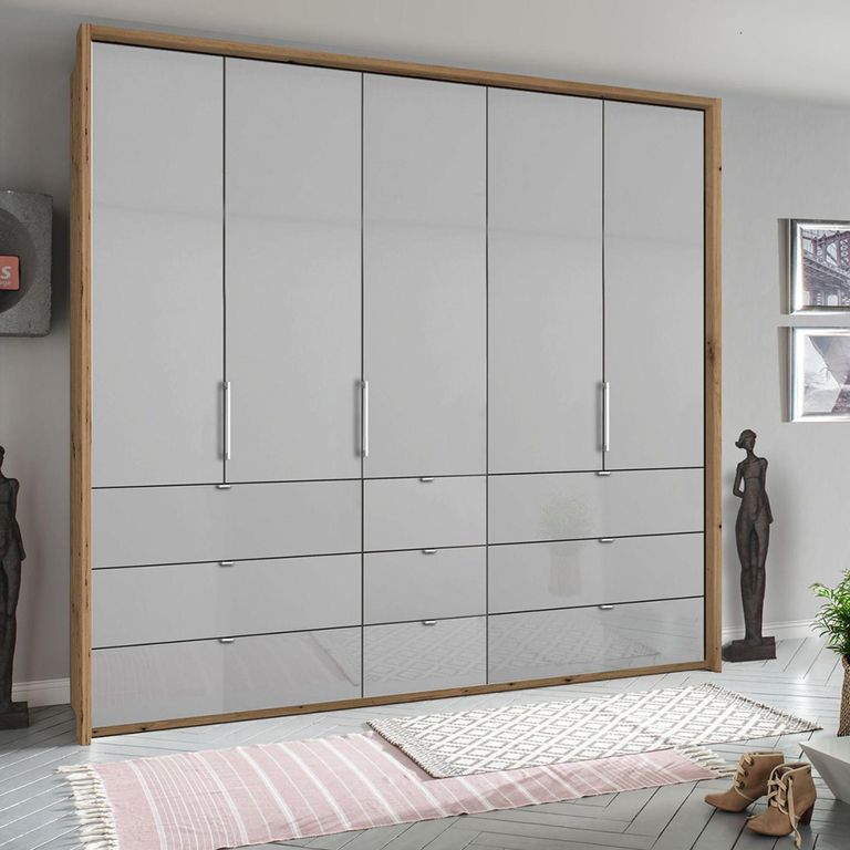 Erimo Wardrobe - 254cm - 5 Door - 9 Drawer - Artisan Oak & Silk Grey Glass