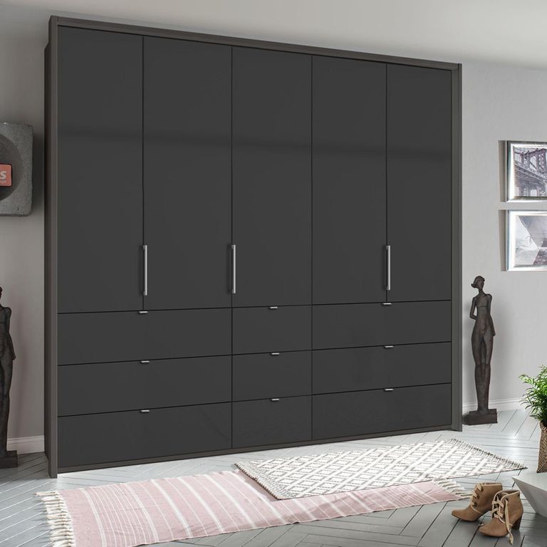 Erimo Wardrobe - 254cm - 5 Door - 9 Drawer - Graphite & Basalt Glass