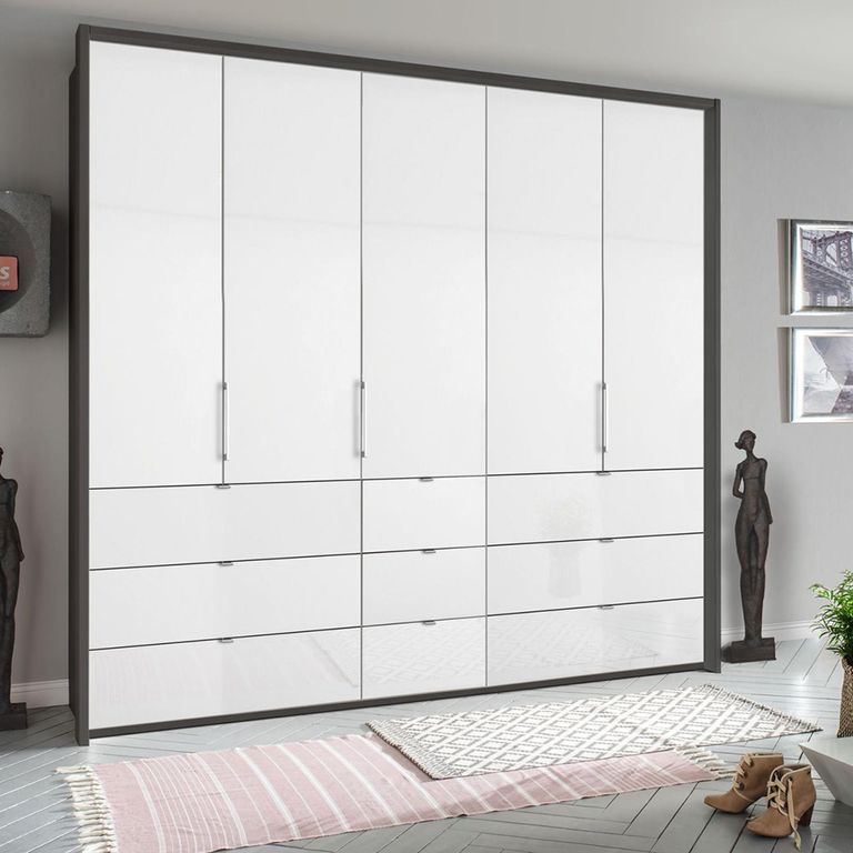 Erimo Wardrobe - 254cm - 5 Door - 9 Drawer - Graphite & Crystal White Glass