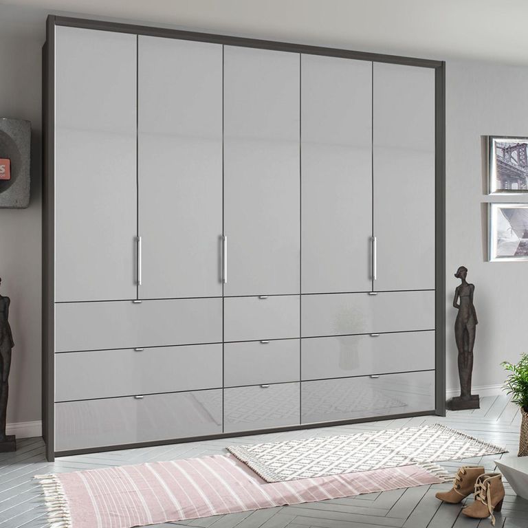 Erimo Wardrobe - 254cm - 5 Door - 9 Drawer - Graphite & Silk Grey Glass