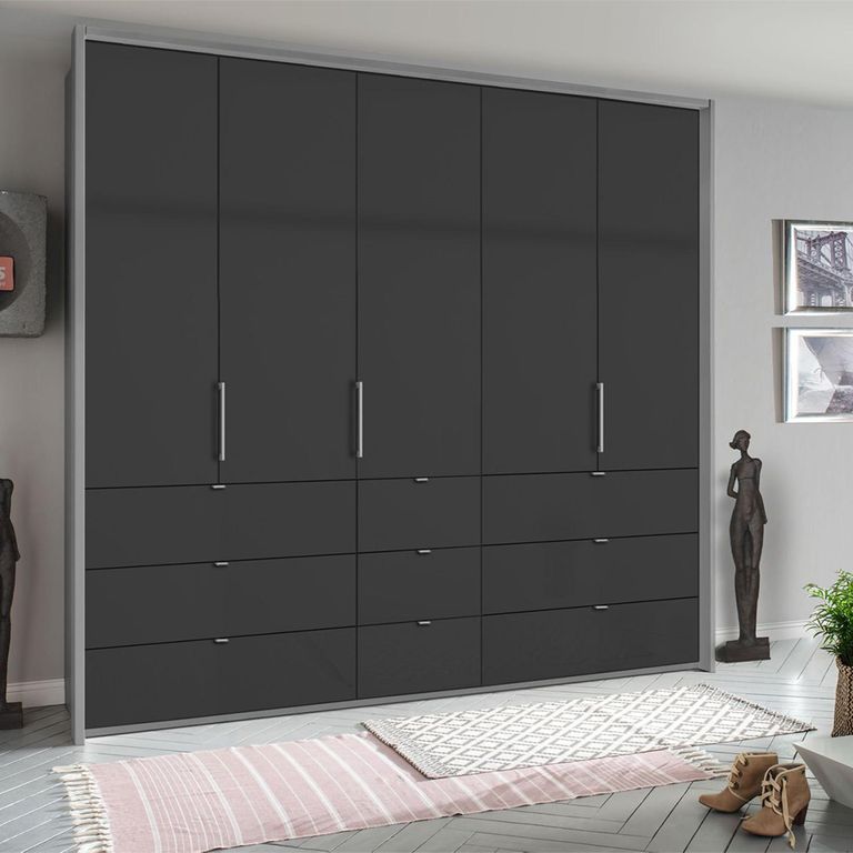 Erimo Wardrobe - 254cm - 5 Door - 9 Drawer - Silk Grey & Basalt Glass