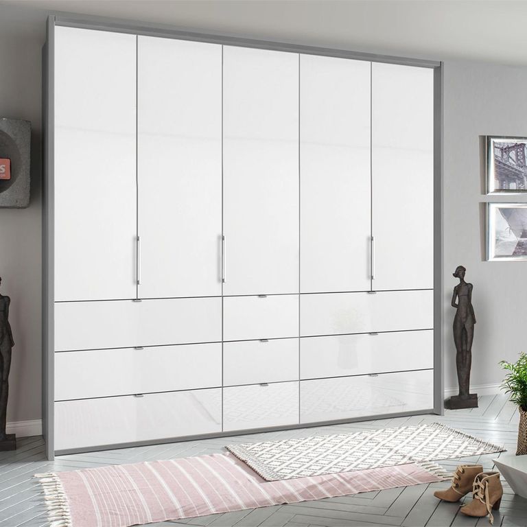Erimo Wardrobe - 254cm - 5 Door - 9 Drawer - Silk Grey & Crystal White Glass