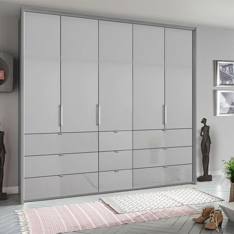 Erimo Wardrobe - 254cm - 5 Door - 9 Drawer - Silk Grey & Silk Grey Glass