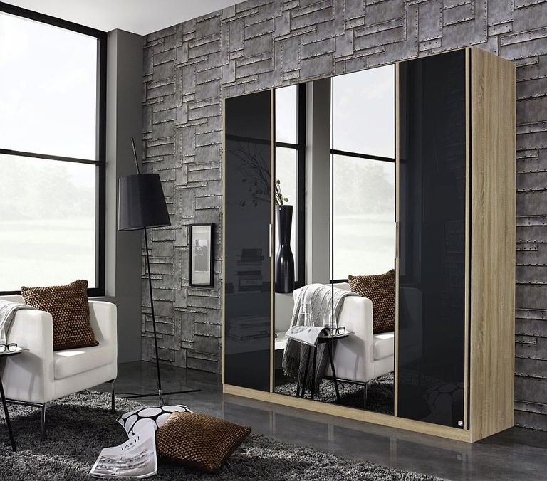 Essensa Mirror Wardrobe - 181cm - 4 Door - Basalt Glass - Oak Carcase
