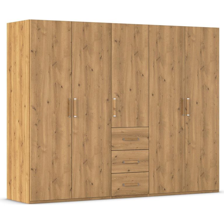Evelyn Wardrobe - 251cm - 5 Door - H 197cm - with Drawer - Wild Oak