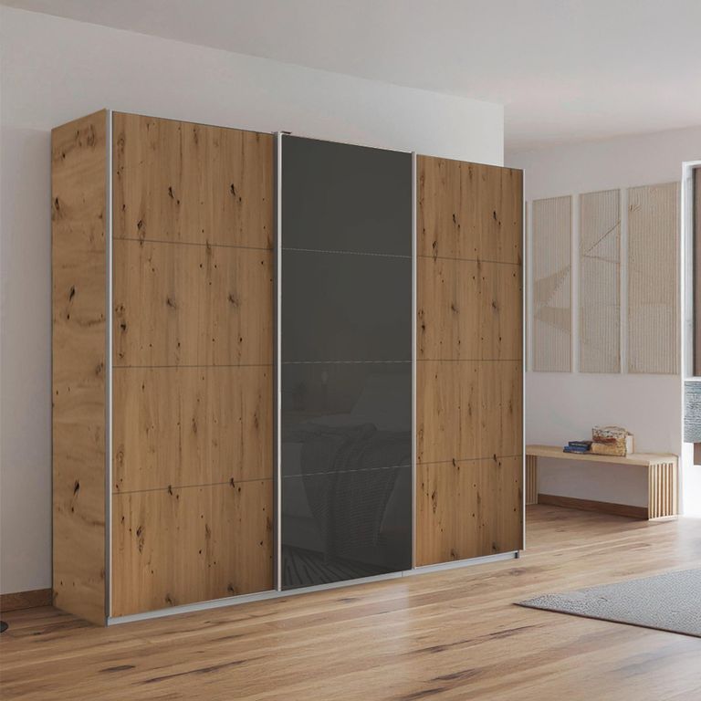 Kulmbach Sliding Wardrobe - 203cm - 3 Door - Artisan Oak & Basalt Glass Front