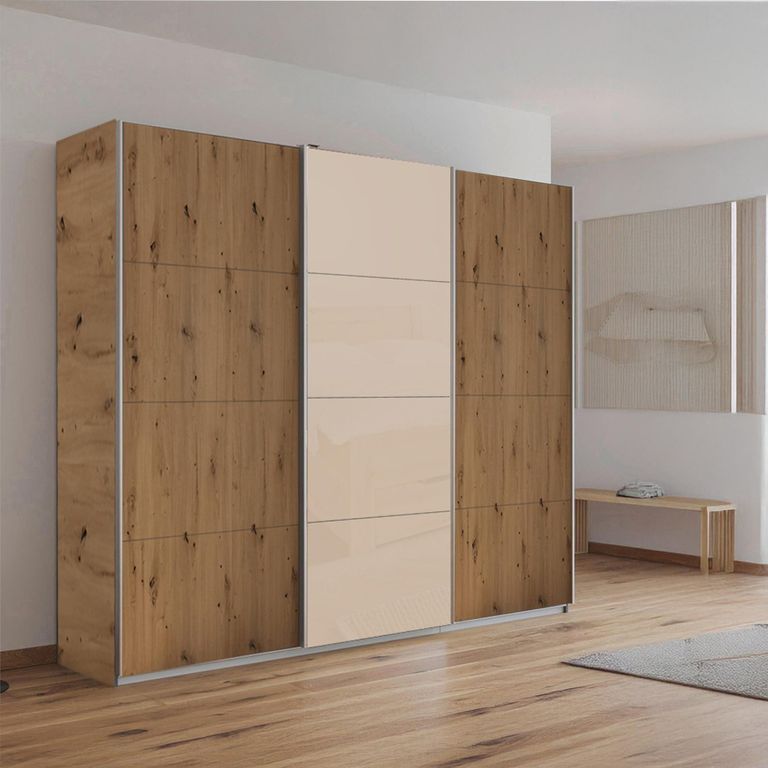 Kulmbach Sliding Wardrobe - 203cm - 3 Door - Artisan Oak & Champagne Glass Front