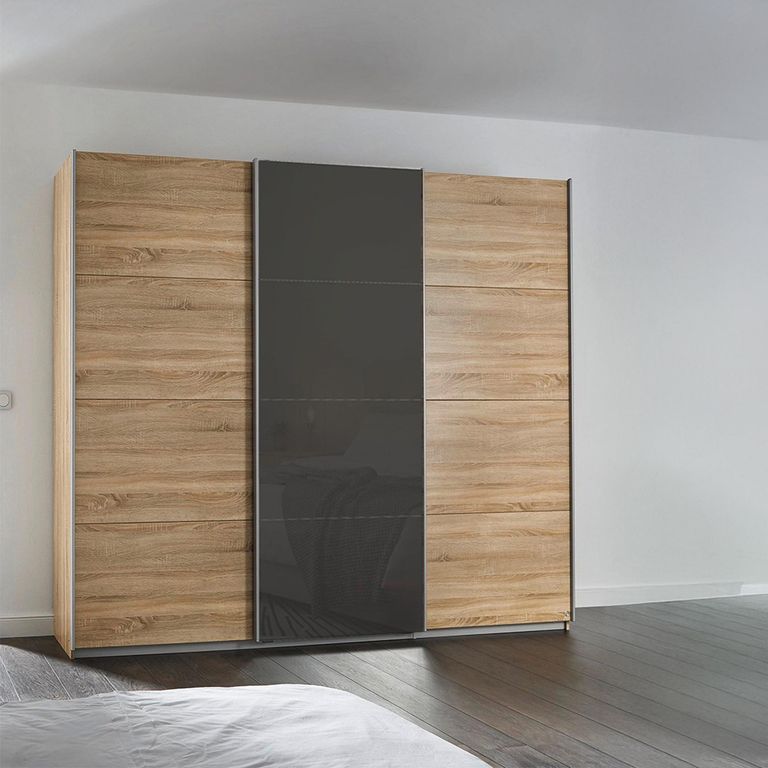 Kulmbach Sliding Wardrobe - 203cm - 3 Door - Sonoma Oak & Basalt Glass Front
