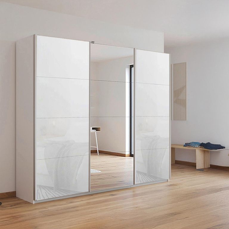 Kulmbach Sliding Mirror Wardrobe - 203cm - 3 Door - Alpine White & White Glass