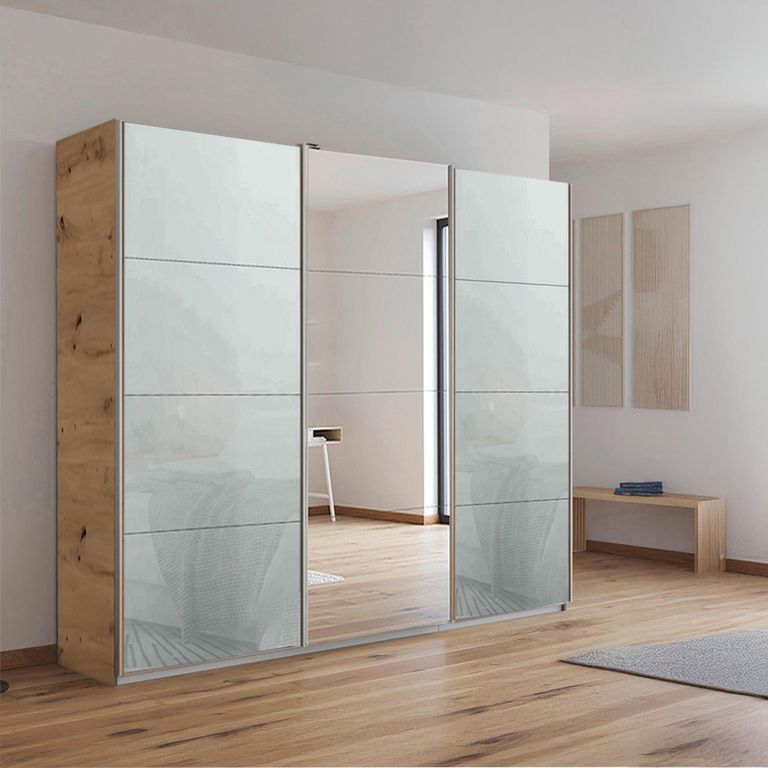 Kulmbach Sliding Mirror Wardrobe - 203cm - 3 Door - Artisan Oak & Silk Grey Glass