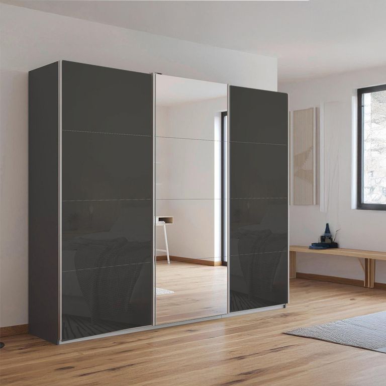 Kulmbach Sliding Mirror Wardrobe - 203cm - 3 Door - Metallic Dark Grey & Basalt Glass