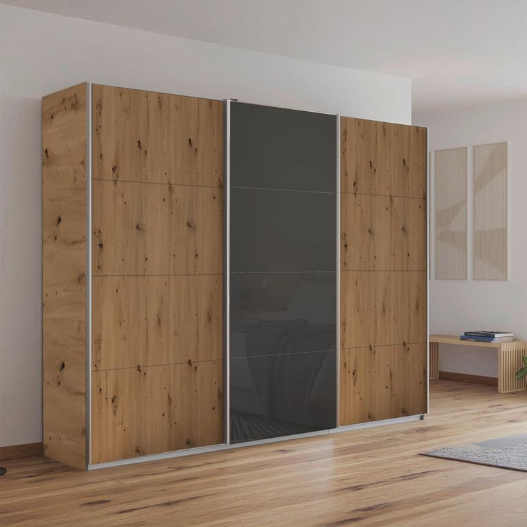 Kulmbach Sliding Wardrobe - 271cm - 3 Door - Artisan Oak & Basalt Glass Front