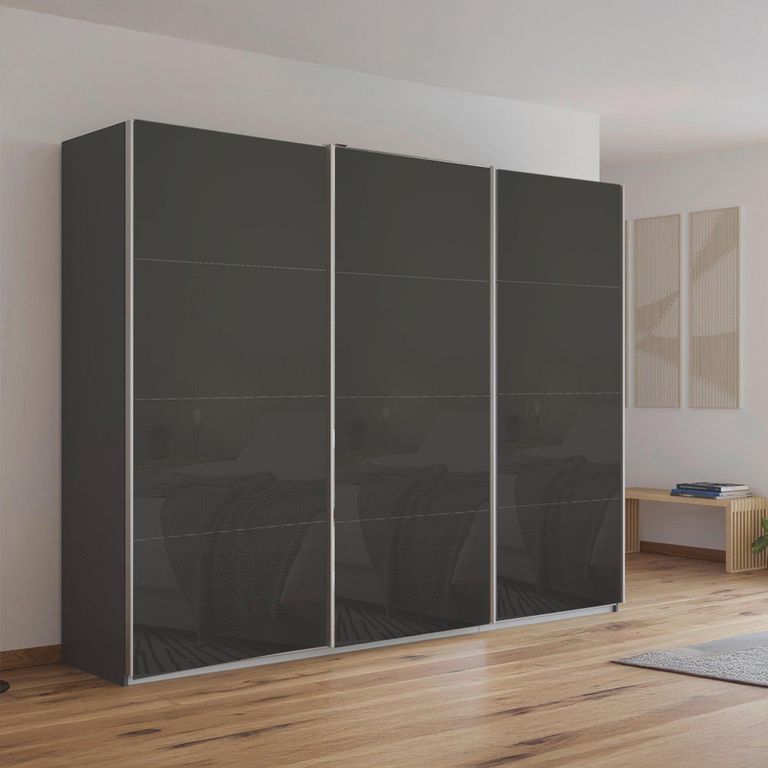 Kulmbach Sliding Wardrobe - 271cm - 3 Door - Metallic Dark Grey & Basalt Glass