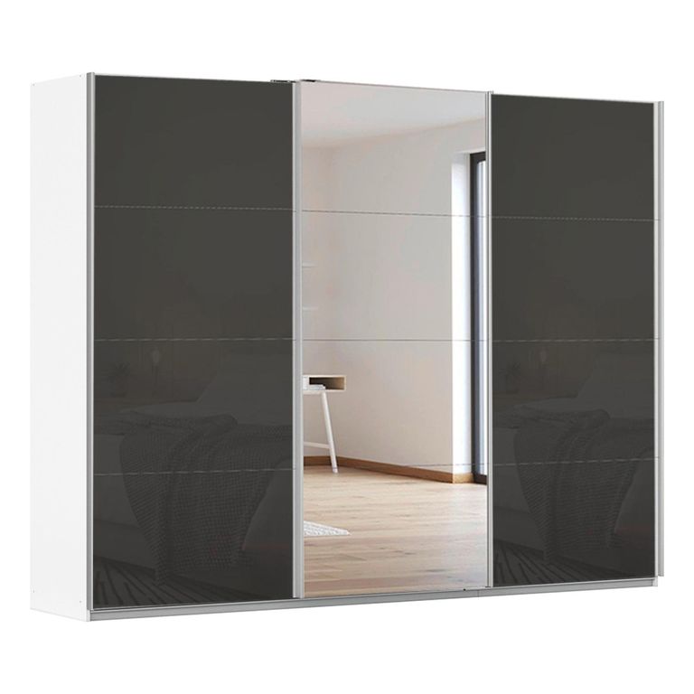Kulmbach Sliding Mirror Wardrobe - 271cm - 3 Door - Alpine White & Basalt Glass