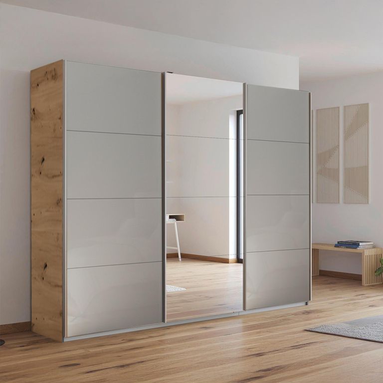 Kulmbach Sliding Mirror Wardrobe - 271cm - 3 Door - Artisan Oak & Grey High Gloss