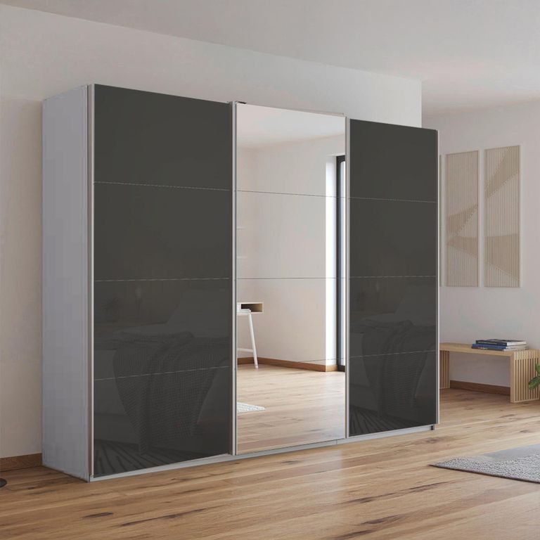 Kulmbach Sliding Mirror Wardrobe - 271cm - 3 Door - Silk Grey & Basalt Glass