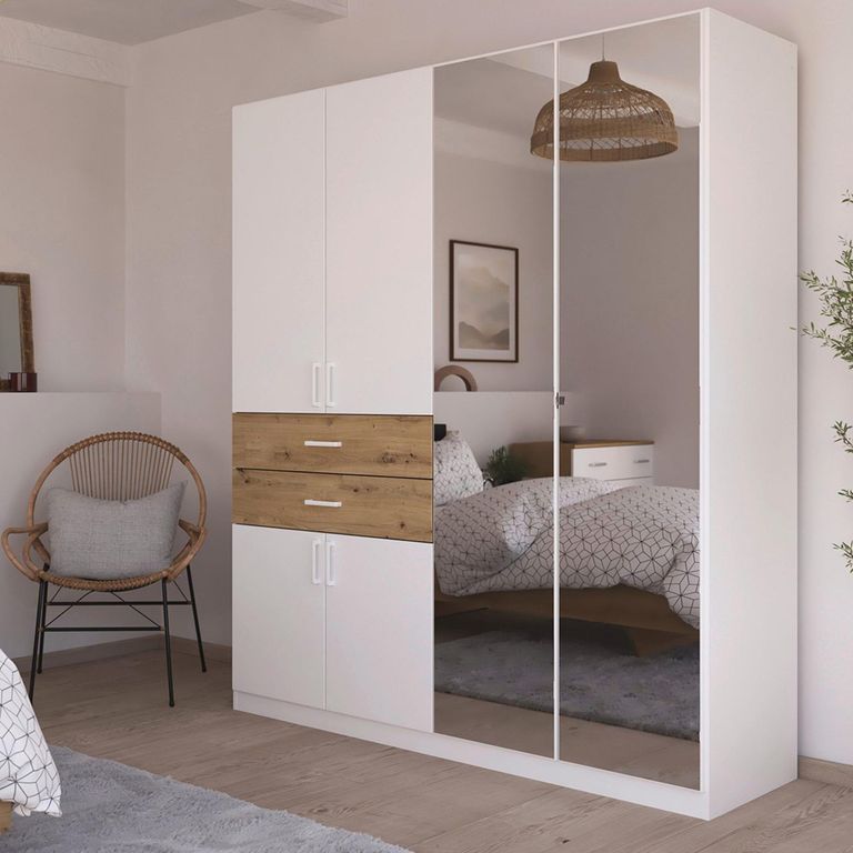 Maika Wardrobe - 181cm - 6 Door - Combi - H210cm - Alpine White & Artisan Oak