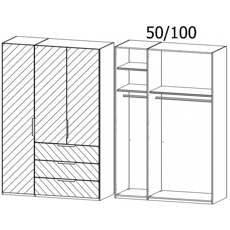 Miramar Type-5 Wardrobe - 151cm - 3 Door - 3 Drawer - Champagne & Champagne Glass