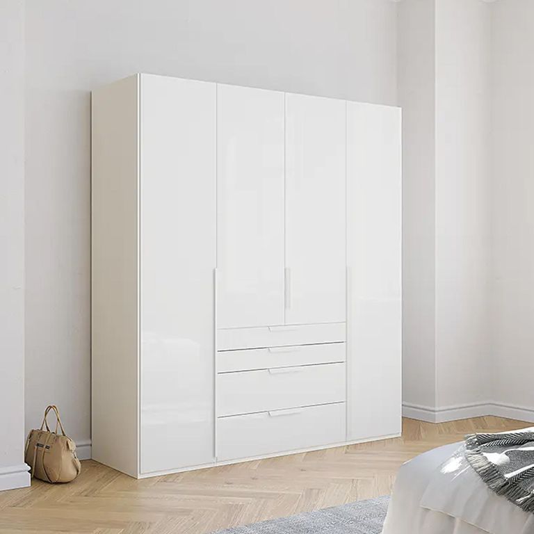 Purisma Wardrobe - 201cm - 4 Door - 4 Drawer - Alpine White & Crystal White Glass