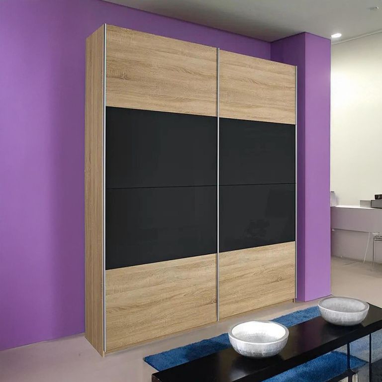 Quadra Sliding Wardrobe - 136cm - 2 Door - Sonoma Oak & Basalt Glass