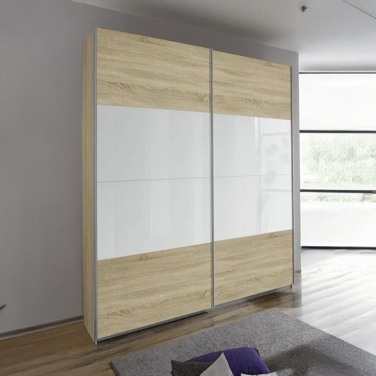 Quadra Sliding Wardrobe - 136cm - 2 Door - Sonoma Oak & White Glass