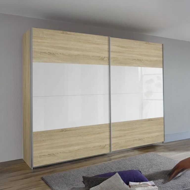 Quadra Sliding Wardrobe - 181cm - 2 Door - Sonoma Oak & White Glass