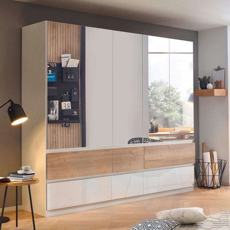 Winnipeg Wardrobe - 226cm - 5 Door - Mirror - High Gloss Alpine White & Halifax Oak