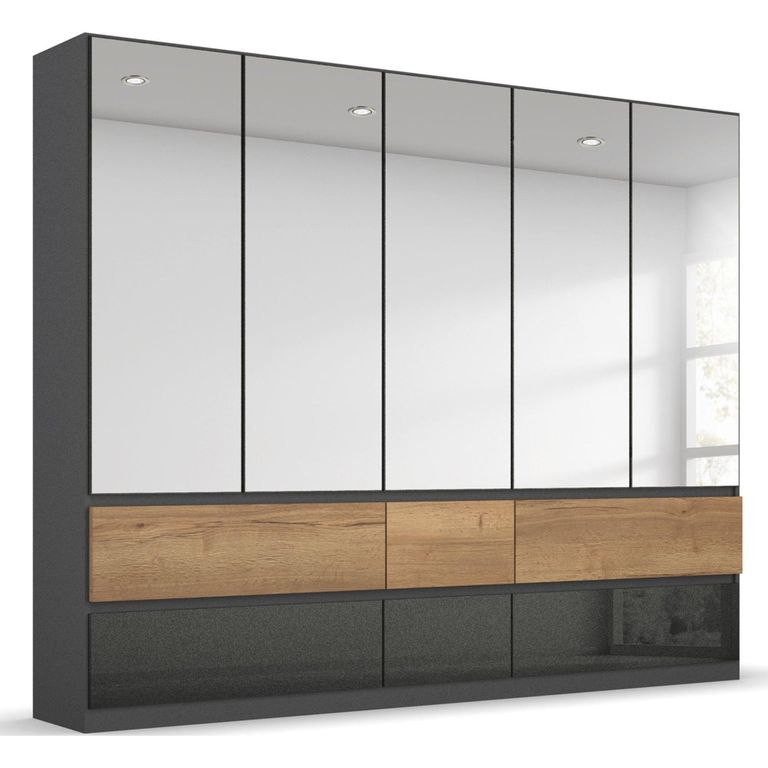 Winnipeg Wardrobe - 226cm - 5 Door - Mirror - High Gloss Metallic Dark Grey & Halifax Oak