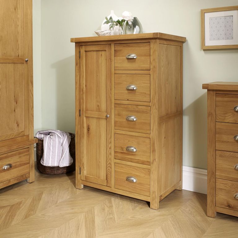 Woburn Short Wardrobe - 1 Door 5 Drawer - Rustic Oak