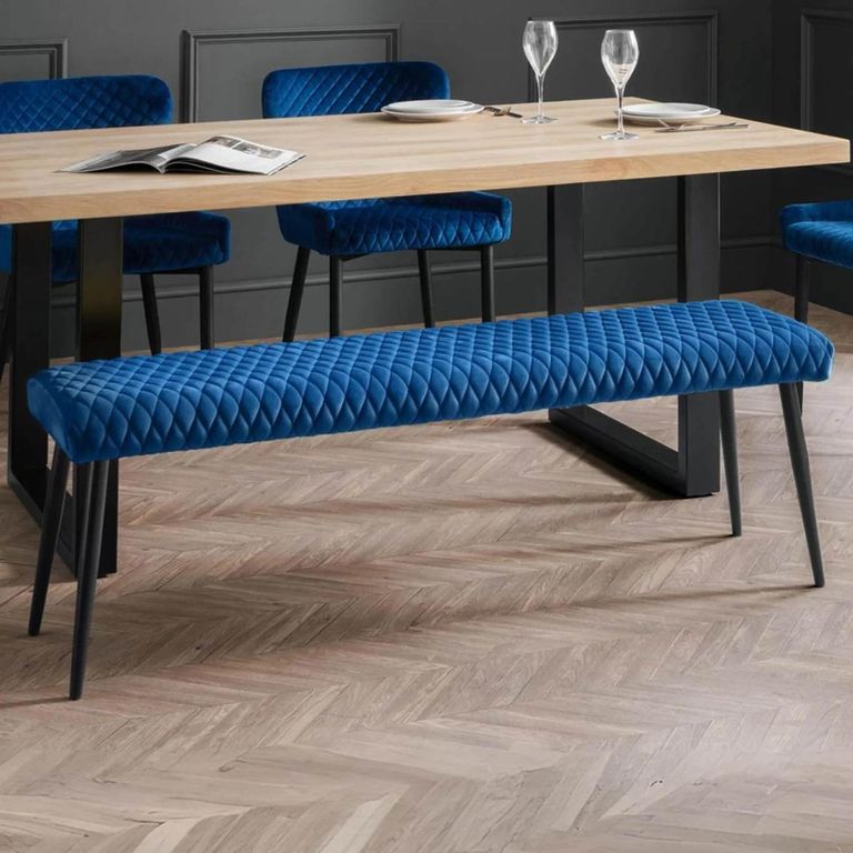 Luxe Dining Bench - Blue Velvet and Black - Fabric and Metal