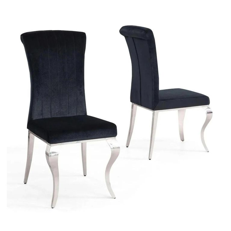 Louis Dining Chair - Black Velvet Fabric - Chrome Legs