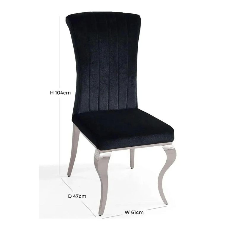 Louis Dining Chair - Black Velvet Fabric - Chrome Legs