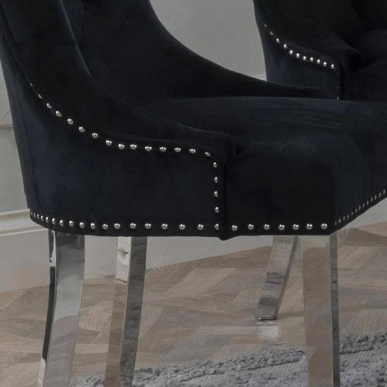 Knocker Back Dining Chair - Black Velvet Fabric - Chrome Legs