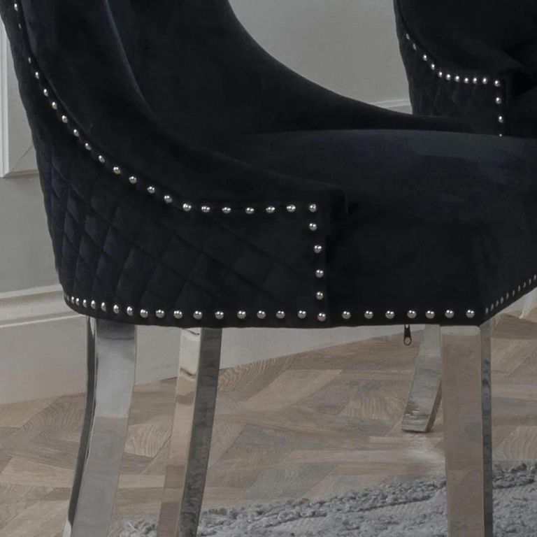Lion Knocker Back Dining Chair - Black Velvet Fabric - Chrome Legs