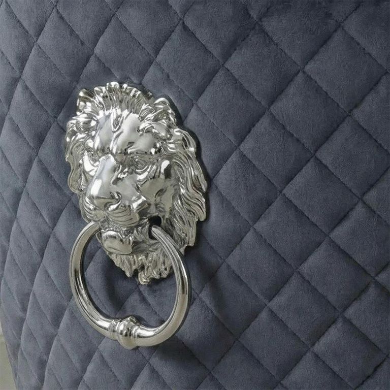Lion Knocker Back Dining Chair - Grey Velvet Fabric - Chrome Legs