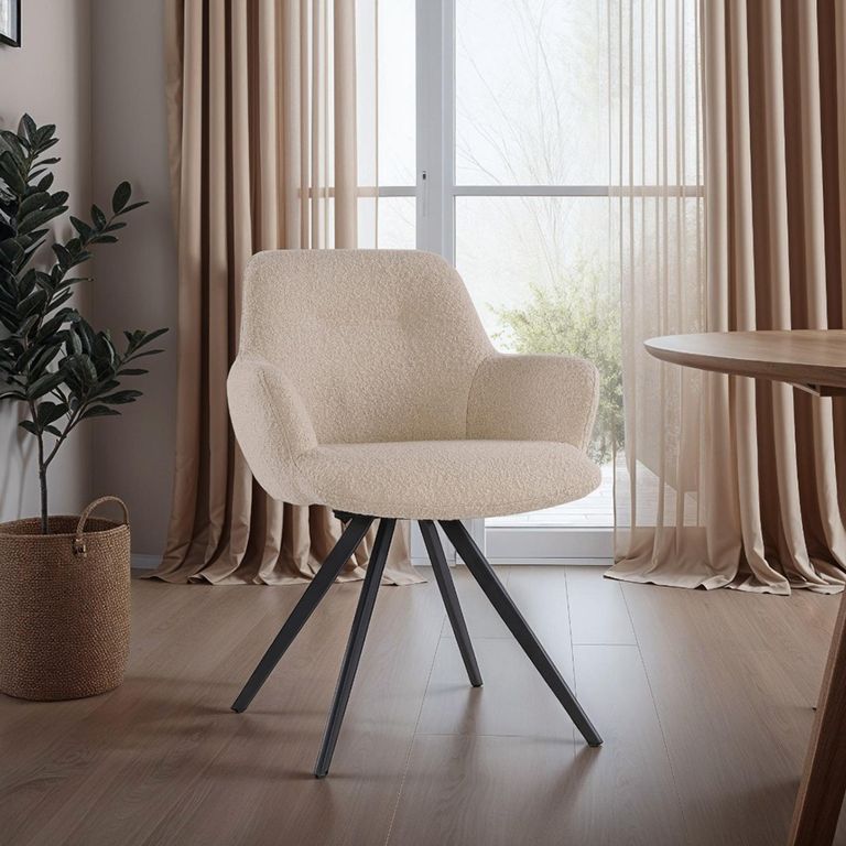 Doreen Swivel Dining Armchair - Set of 2 - Beige - Boucle Fabric and Metal