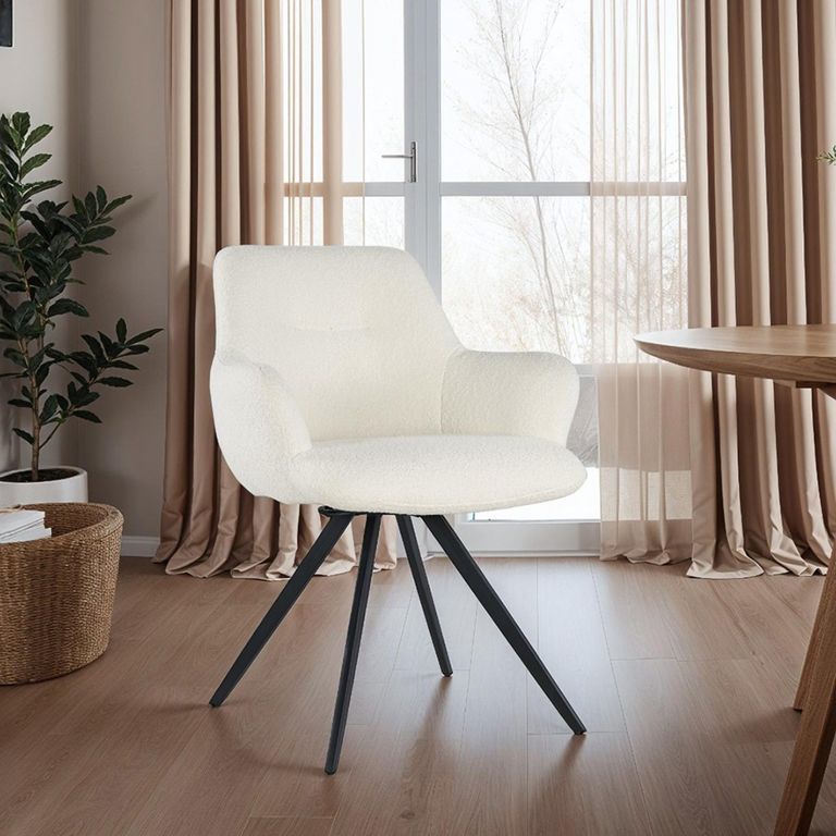 Doreen Swivel Dining Armchair - Set of 2 - White - Boucle Fabric and Metal