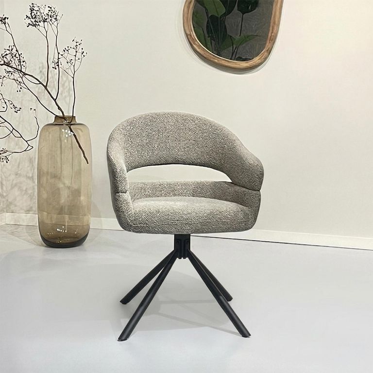 Linn Swivel Dining Armchair - Set of 2 - Curved Back - Black Legs - Taupe - Fabric and Metal
