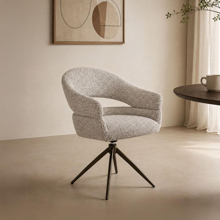 Linn Swivel Dining Armchair - Set of 2 - Curved Back - Bronze Legs - Beige - Fabric and Metal