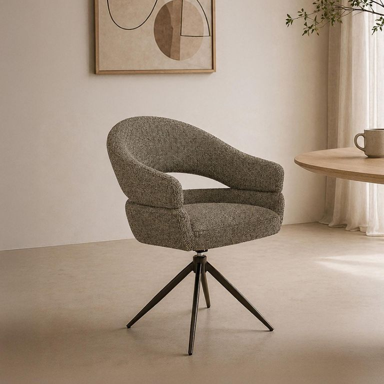 Linn Swivel Dining Armchair - Set of 2 - Curved Back - Bronze Legs - Desert - Fabric and Metal