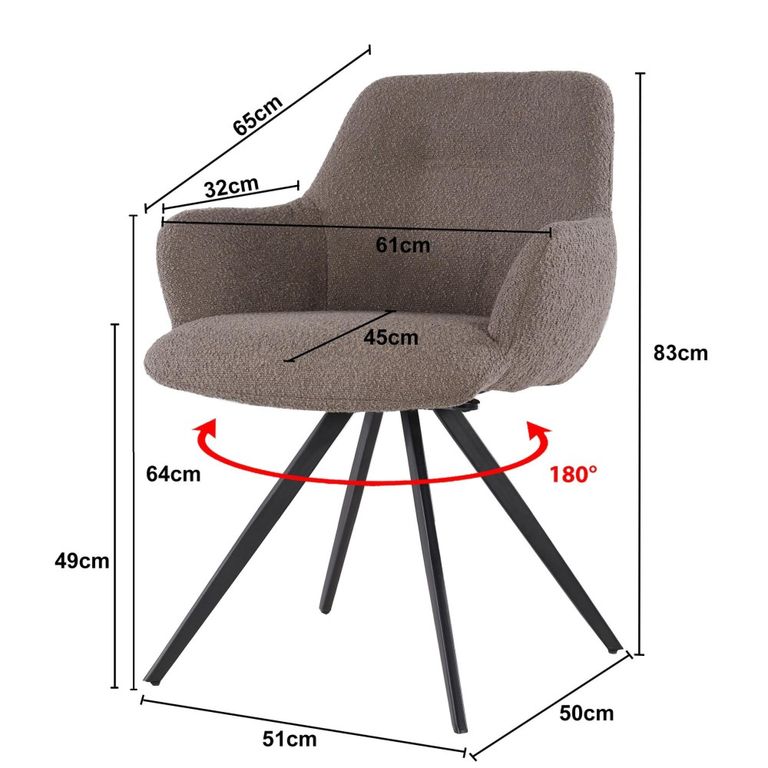 Doreen Swivel Dining Armchair - Set of 2 - Brown - Boucle Fabric and Metal