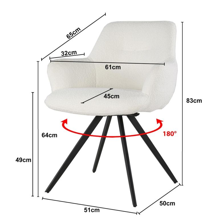 Doreen Swivel Dining Armchair - Set of 2 - White - Boucle Fabric and Metal