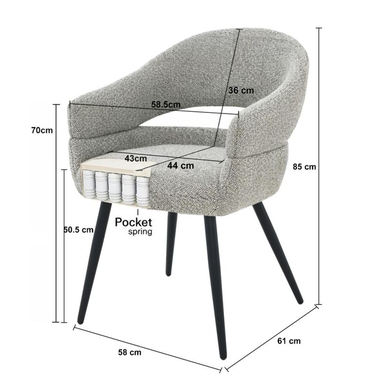 Megan Dining Armchair - Set of 2 - Curved Back - Taupe - Fabric and Metal
