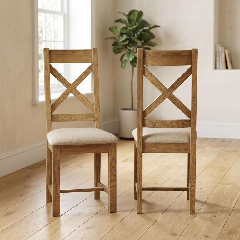 Dorchester Dining Chair - Set of 2 - Cross Back - Beige - Fabric and Rustic Oak