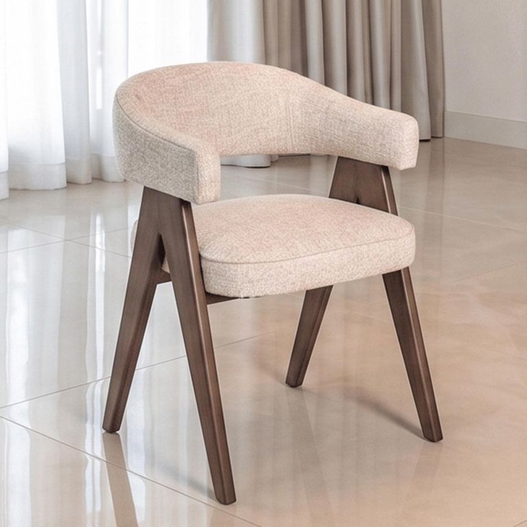 Mori Dining Armchair - Curved Back - Cream Tweed - Fabric and Wood