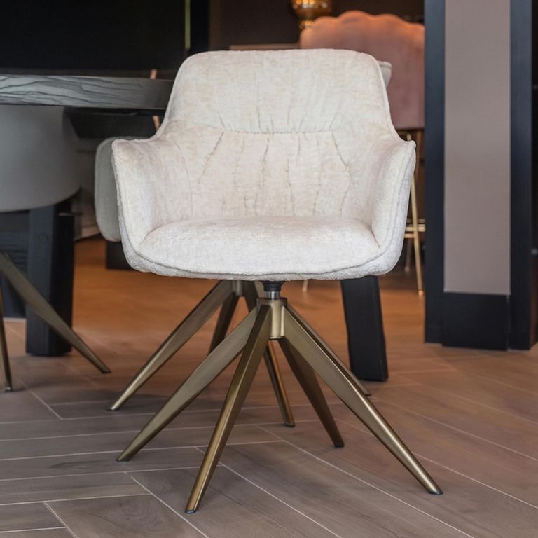 Aline Swivel Dining Armchair - White Chenille and Gold - Fabric and Metal