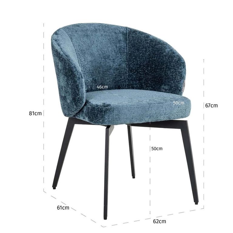 Amphara Dining Armchair - Curved Back - Blue Chenille - Fabric and Metal