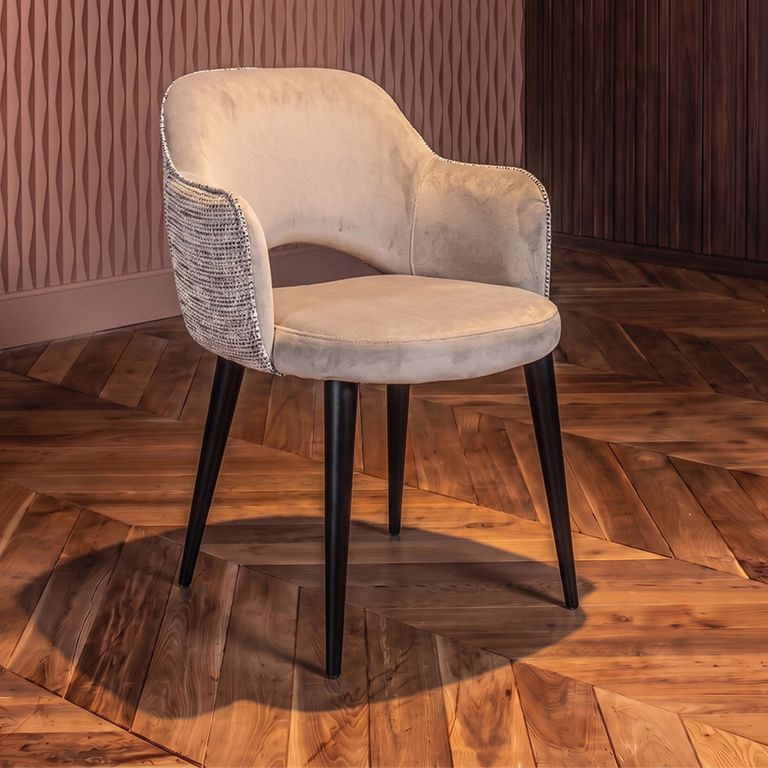 Giovanna Natural Khaki Fabric Dining Armchair with Black Legs