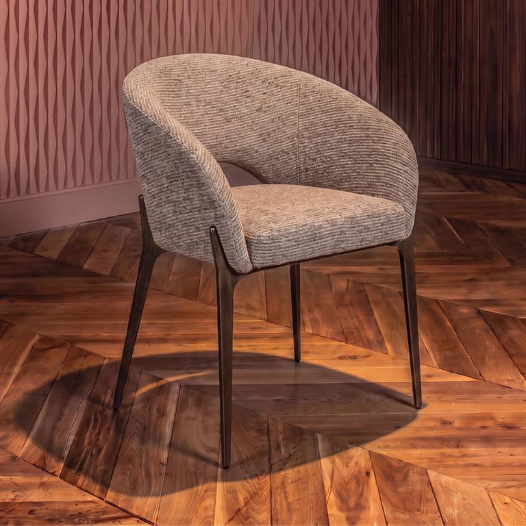 Kenzi Dining Chair - Curved Back - Mocca Linear - Fabric and Wood